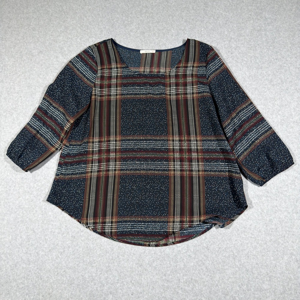 Le Lis Womens M Navy Plaid Mixed Print 3/4 Sleeve Blouse Preppy Career Academia